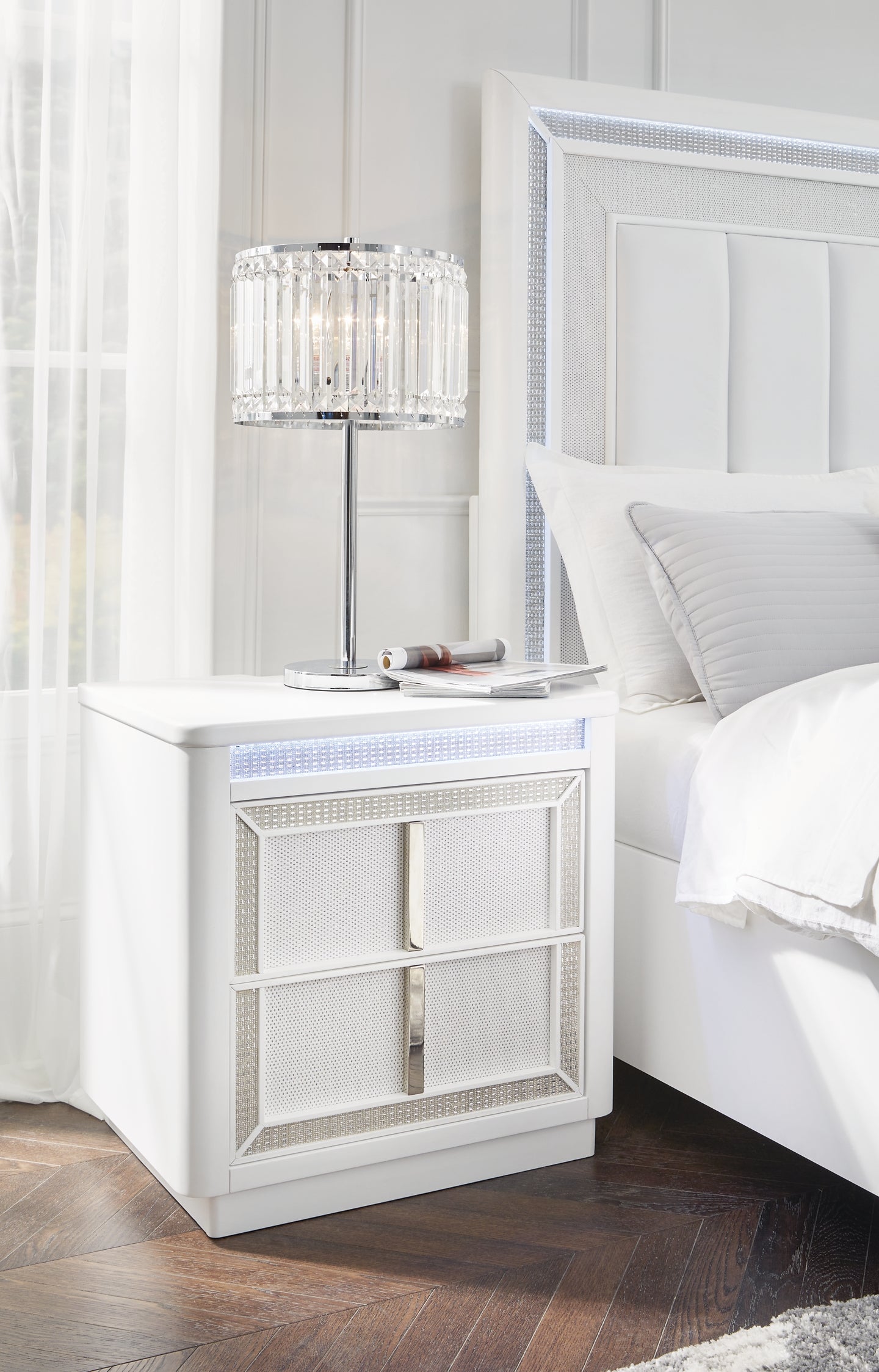 Chalanna Queen Upholstered Storage Bed with Mirrored Dresser, Chest and Nightstand