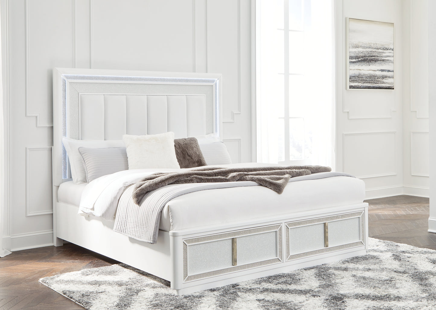 Chalanna King Upholstered Storage Bed with Mirrored Dresser, Chest and Nightstand
