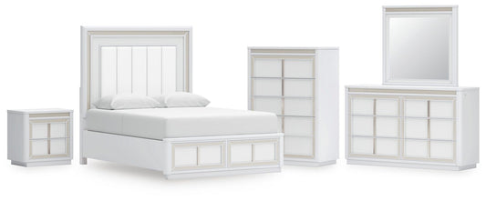 Chalanna Queen Upholstered Storage Bed, Dresser, Mirror, Chest and Nightstand