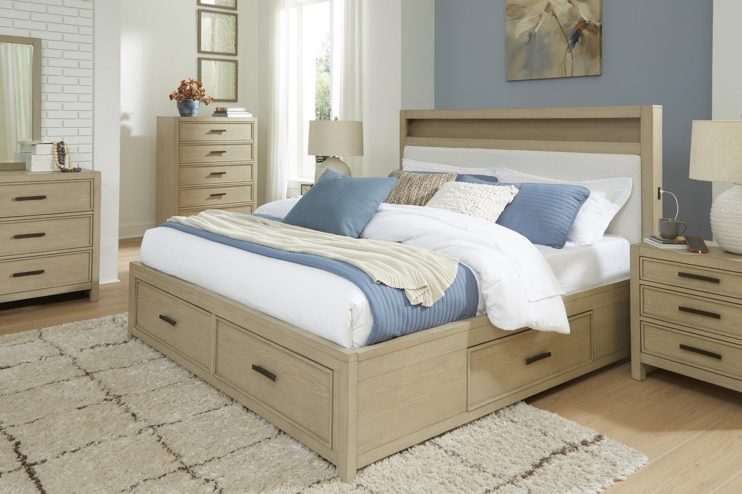 Calmoro Queen Bookcase Bed with Mirrored Dresser and Nightstand