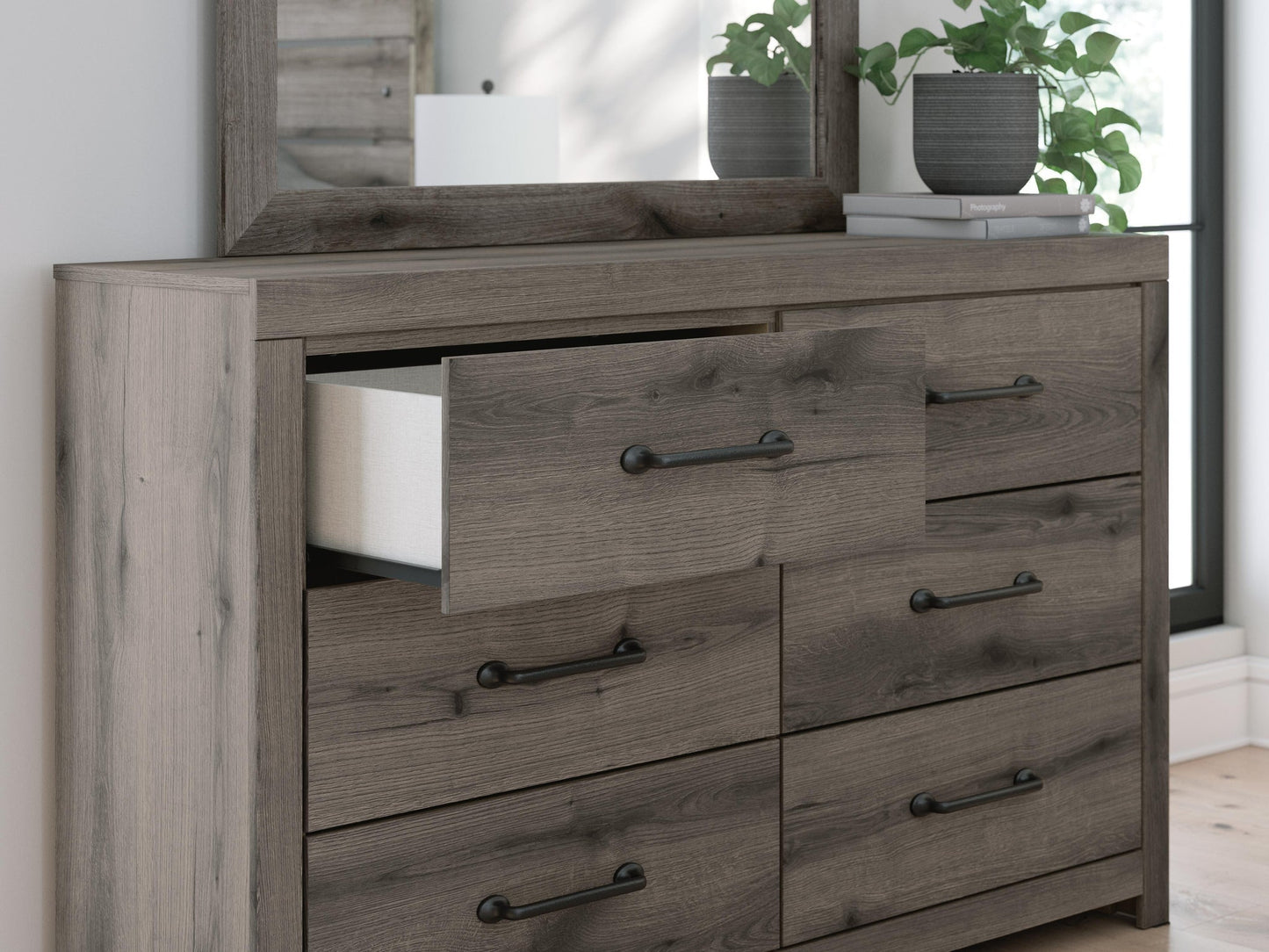 Graystorm Twin Panel Bed with Storage, Dresser and Mirror