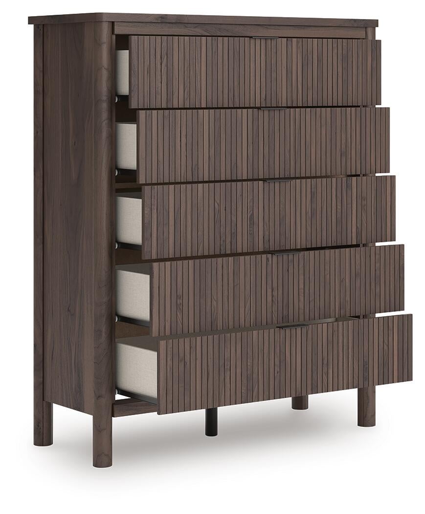 Pamytta Full Upholstered Panel Bed, Dresser, Mirror, Chest and Nightstand